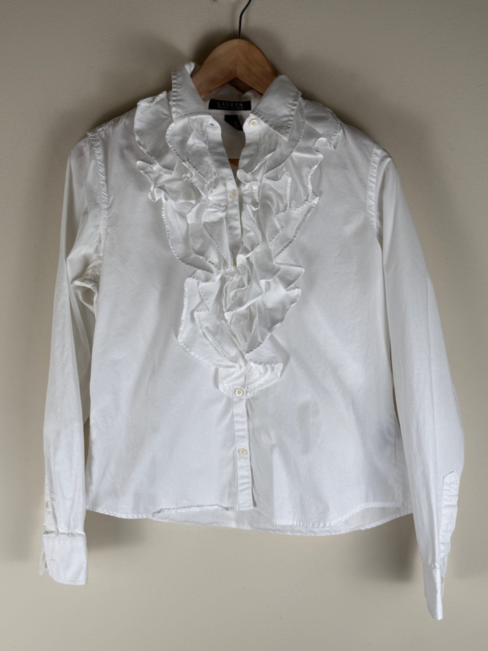 Lauren Ralph Lauren Women’s White Ruffle Bib Poplin Blouse Size Med. Minimalist